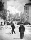 The San Francisco earthquake of 1906 was a major earthquake that struck San Francisco and the coast of Northern California at 5:12 a.m. on Wednesday, April 18, 1906.<br/><br/>

The most widely accepted estimate for the magnitude of the earthquake is a moment magnitude (Mw) of 7.9; however, other values have been proposed, from 7.7 to as high as 8.25. The main shock epicenter occurred offshore about 2 miles (3.2 km) from the city, near Mussel Rock. It ruptured along the San Andreas Fault both northward and southward for a total of 296 miles (476 km). Shaking was felt from Oregon to Los Angeles, and inland as far as central Nevada.The earthquake and resulting fire are remembered as one of the worst natural disasters in the history of the United States.<br/><br/>

At the time, 375 deaths were reported. However, that figure was fabricated by government officials who felt that reporting the true death toll would hurt real estate prices and efforts to rebuild the city. In addition, hundreds of casualties in Chinatown went ignored and unrecorded; that number is still uncertain today, estimated to be roughly 3,000 at minimum.